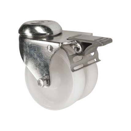 Light Duty, Twin Castor, 75mm, Braked, Swivel, Bolt Hole, Polypropylene, White