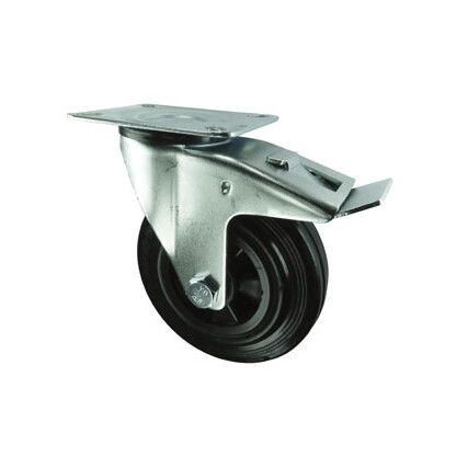 Medium Duty, Castor, 160mm, Braked, Swivel, Top Plate, Rubber, Black