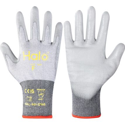 Cut Resistant Gloves, 18 Gauge Cut F, Size 7, Grey, Polyurethane Palm, EN388: 2016