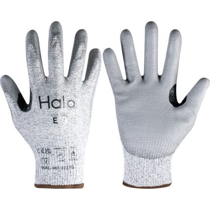 Cut Resistant Gloves, 13 Gauge Cut E, Size 6, Grey, Polyurethane Palm, EN388: 2016